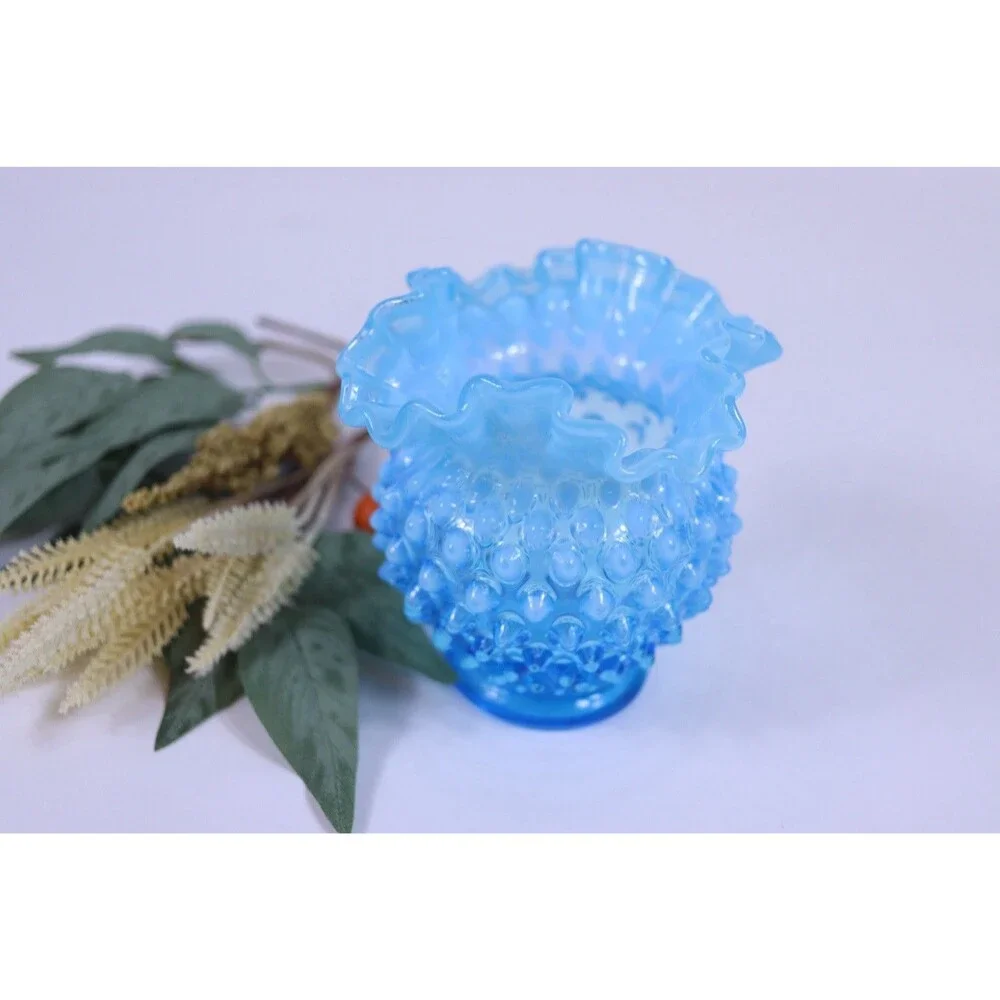 Vintage Fenton Opalescent Hobnail Ruffled Vase Light Turquoise 4.5”